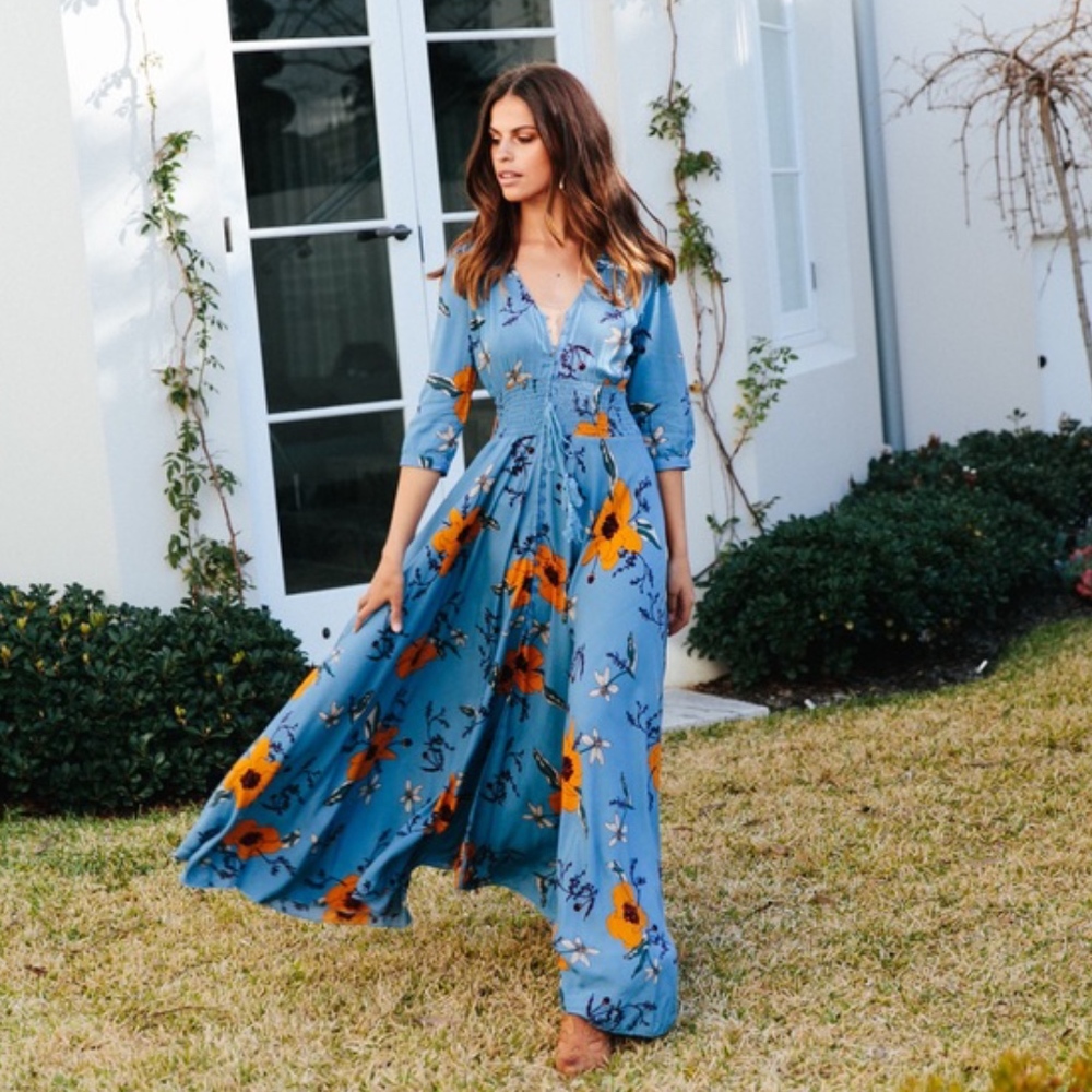JAASE Harlow Floral Print Blue Indiana Maxi Dress